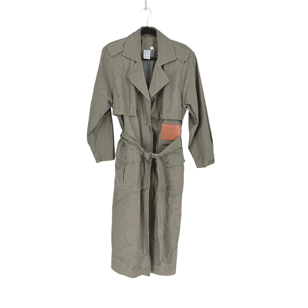 VTG Together Women Belted Utility Green Leather Details Trench Coat Size 8 90s